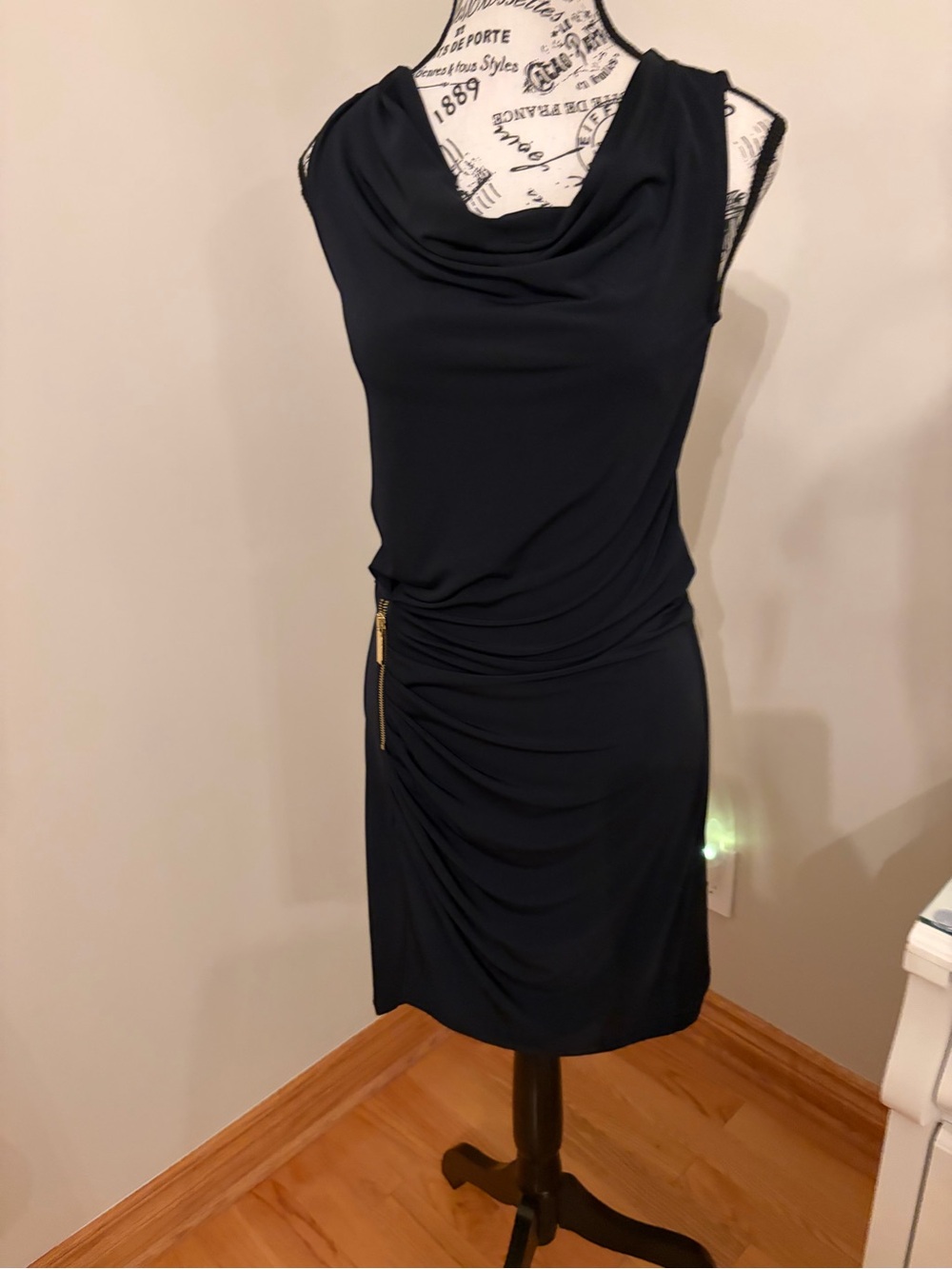 MICHAEL Michael Kors Black Cowl Neck Midi Dress with Gold Zip